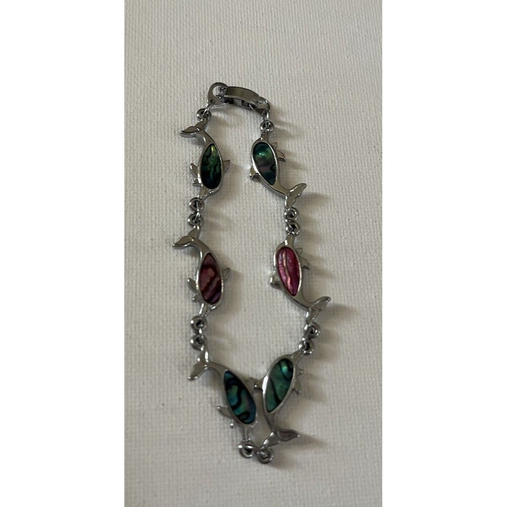 Abalone Silver Tone Dolphin Chain Link Bracelet Vintage 6.5” Long Vintage 1990's